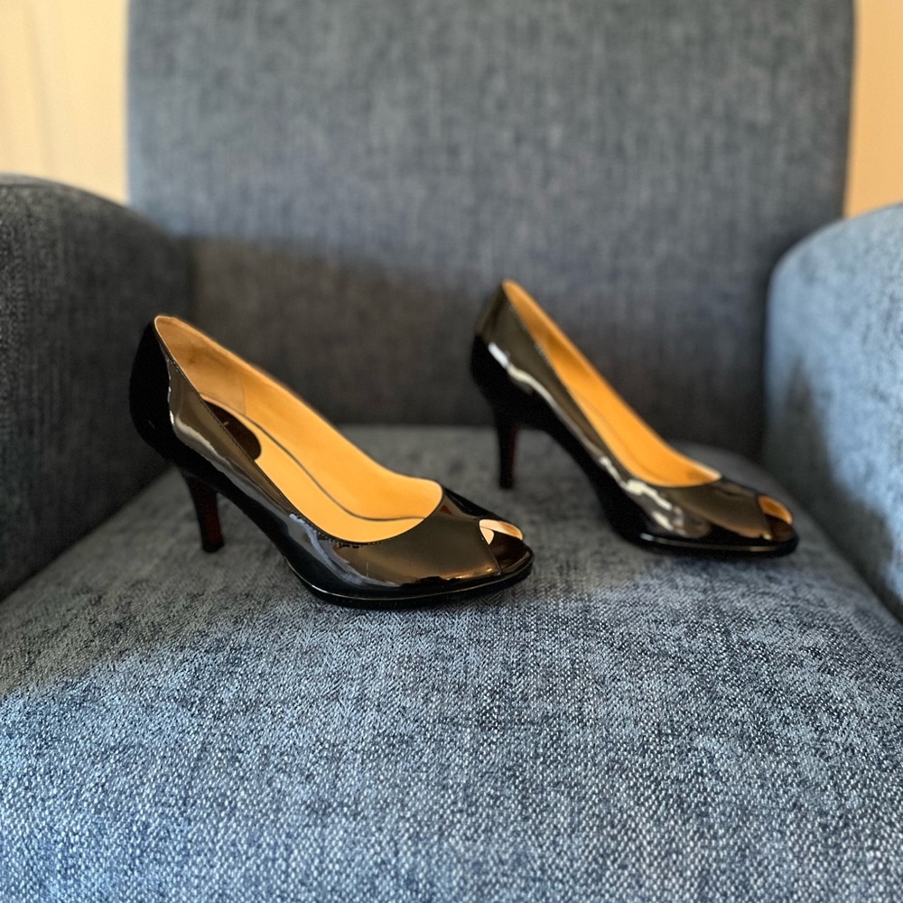 Cole Haan Glossy Black Peep-Toe Heels